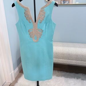 Lilly Pulitzer Turquoise semi Backless Dress with Gold Accents